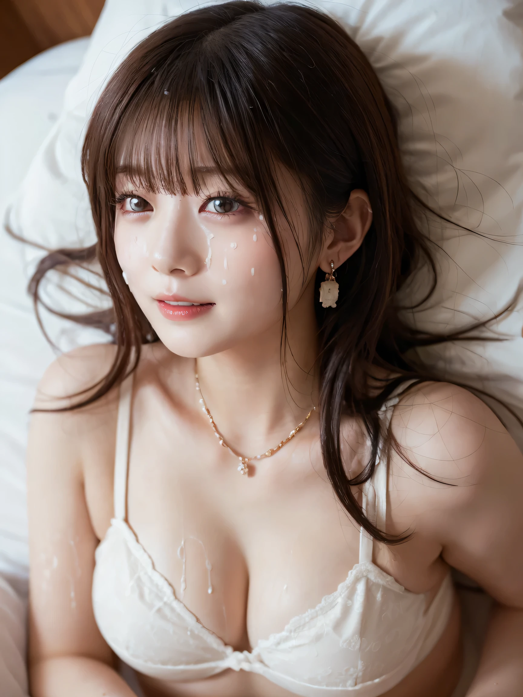 masterpiece, top quality, Illustration, Ultra Details , detailed, high definition , 8k wallpaper, perfect dynamic composition, Beautiful detailed eyes , bed、 lies down、sleep、 Sexy Face, Expression Full of Joy at Climax , Face at Peak Sexual Arousal ,Faces that express women's emotions , White underwear、 very long hair、 half up、 Necklaces 、 earrings、200mm, F2.8, Portrait Photos 、 Look Down、(semen:1.5)、 SEXY POSES、Kiss