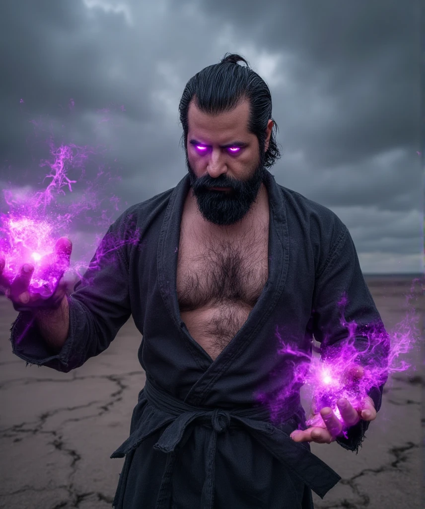  A hyperrealistic image of a man inspired by Kage ,  the dark manifestation of Ryu from Street Fighter ,  captured on a medium plane that highlights his sinister nature and his connection with Satsui no Hado .  His face is fierce and tormented ,  with hardened features and an expression of contained anger .  His eyes shine brightly with a demonic red glow ,  and fangs stick out slightly between the tight lips in a sinister smile .  emerges His dark hair is bristling ,  with an aura of evil energy seems to elevate it .

 He wears a frayed and broken black gi ,  showing his muscular torso full of scars and veins highlighted by the dark energy that flows through him.  His belt is frayed ,  and his body is shrouded in a faint dark purple glow ,  symbolizing the corruption of Satsui no Hado .  Sus gloves are torn and bathed in a faint crimson glow ,  as if they were imbued with destructive energy .

 The background is an apocalyptic landscape :  an arid land with cracks that emit red light ,  while a dark and stormy sky is filled with purple rays .  Kage is in an aggressive and threatening pose ,  with an arm extended forward , from which a  "Hadouken"  surrounded by shadows and red sparks that distort the air .

 The lighting is dramatic ,  with cold tones and deep shadows that emphasize his musculature , , the cracks in his clothes and the ominous glow of his evil energy . } The scene captures the essence of a warrior consumed by darkness ,  a reflection of what could be power without control or purpose .