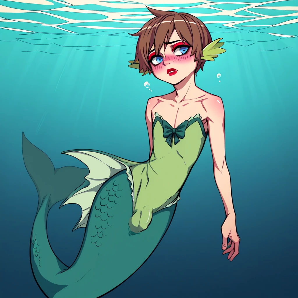 1boy, solo, alone, underwater, red lips, brown hair, short hair, spike hair, blue eyes, red eyeshadow, pink blush, pink lips, shy, flat chest, swim, mermaid dress, green mermaid dress, bulge large penis under mermaid dress,