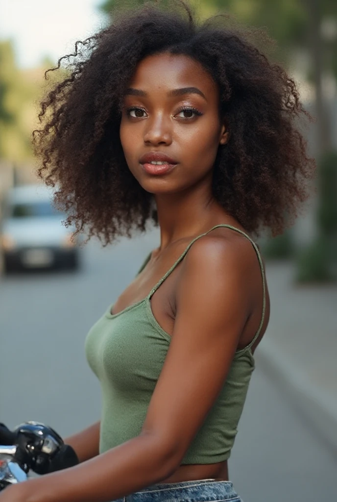 A 20-year-old European woman with alabaster-white skin, perfectly smooth and glowing under soft, diffused lighting. Her tall, athletic figure complements her angelic face, which features full lips, softly rounded cheeks, and a small beauty mark on her left cheek. She has almond-shaped brown eyes and voluminous natural big curly black hair framing her features. Highlight the porcelain tone of your skin with cool indoor lighting. Negative: tanned skin, dark complexion, black skin, warm lighting, external shadows. She has an athletic and toned physique with defined curves and hips, medium bust. She is riding a motorbike on the street