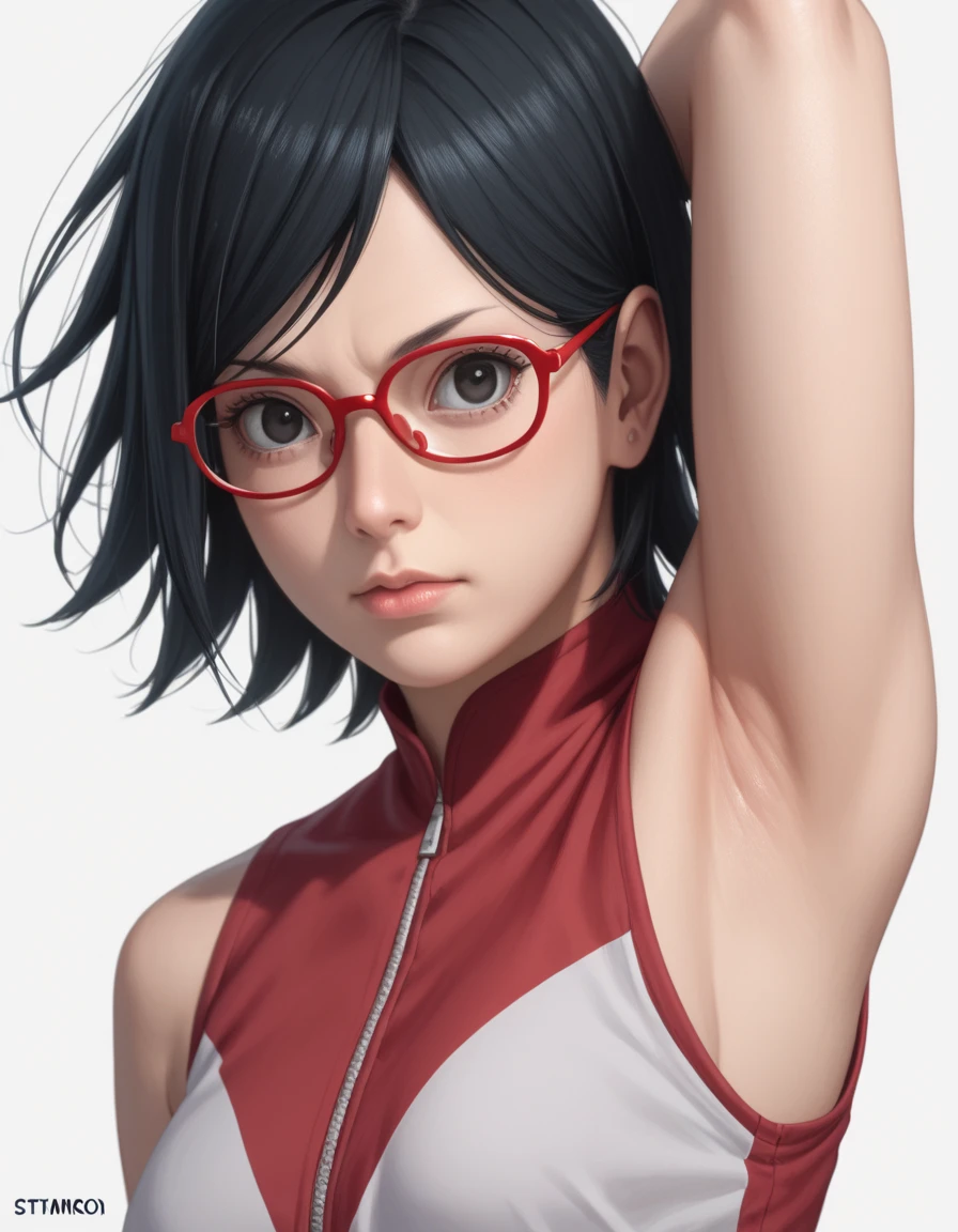 (sarada uchiha, short hair, black hair, black eyes, red-framed eyewear, glasses, swept bangs,(Armpit:1.3)，(スチーム，スチームimg:1.1)， 赤いドレス,