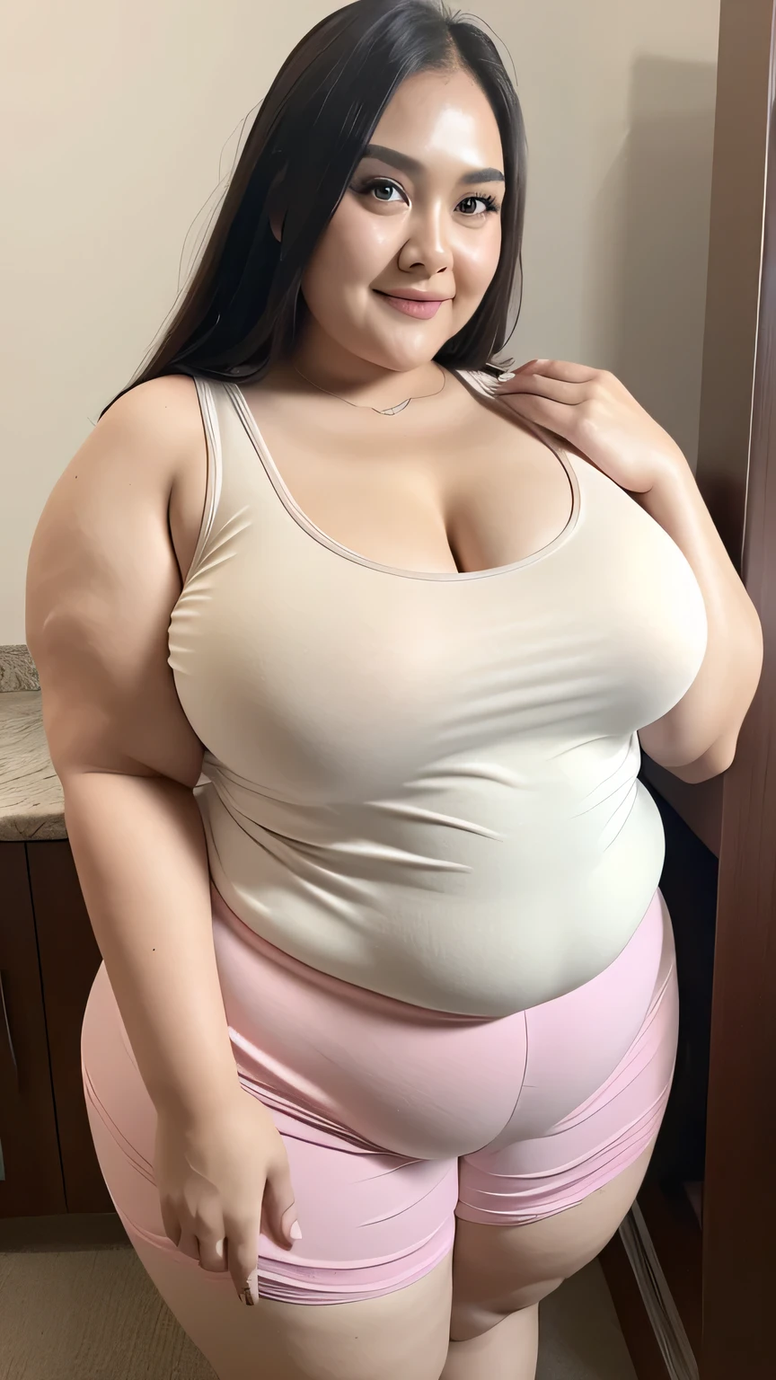 a middle-aged woman wearing a white shirt posing in a bathroom, she has a plump, round belly, smooth and translucent white skin, chic, chubby, powerful and massive, large breasts, thick neck, breasts covered, SFW