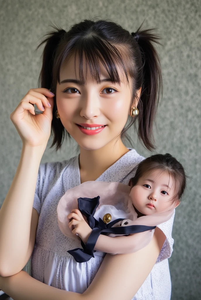 (8K, Best Quality, Masterpiece: 1.2), (Realistic, Realistic: 1.37), Ultra Detailed, 1 Lady Holding a 3-Year-Old Child (Lively and Cute) Cute, Solo, Beautiful Detailed Sky, Detailed Cafe, Evening, Seated, Dating, (Nose Red), (Smile: 1.15), (Shut Up) Small Breasts, Beautiful Delicate Eyes, (Collar Shirt: 1.1), Night, Wet, Professional, Rain, White Lace, (Short Hair: 1.2), Flowing Hair NovaFrogStyle,