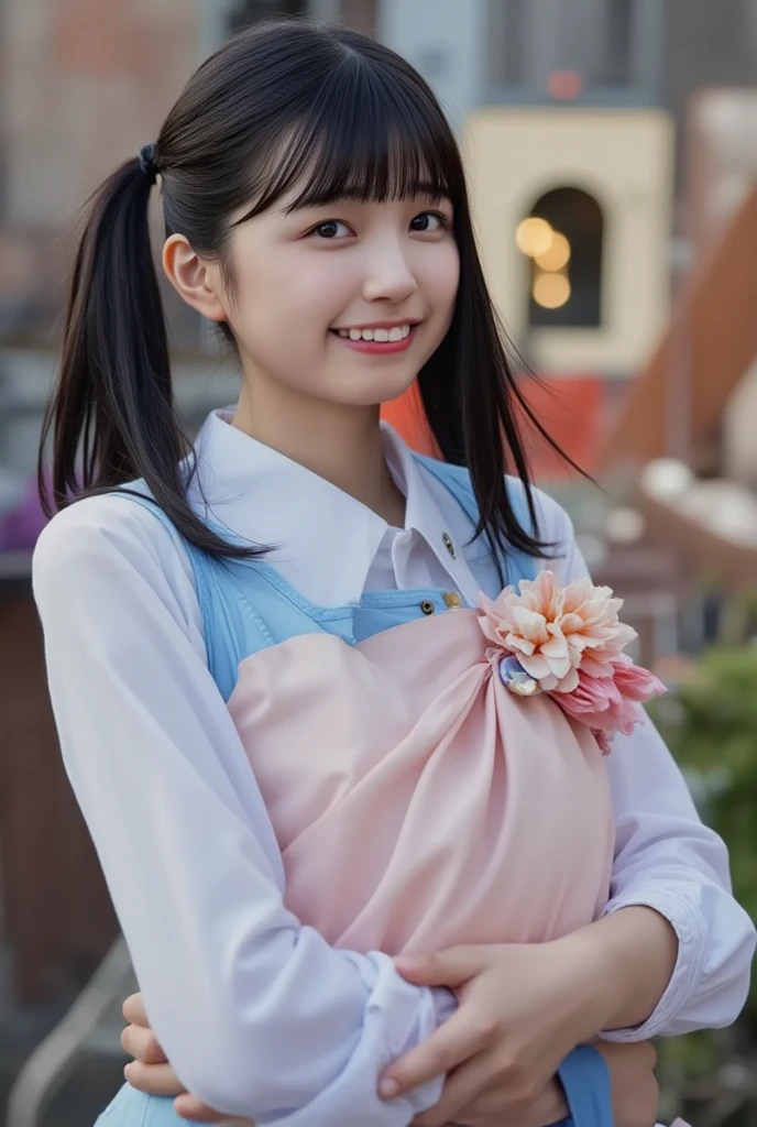  1 girl in uniform, solo,  high definition , masterpiece,  anatomically correct,  won numerous awards,  high detail,  Ultra High Definition,  textured skin,  retina,  twin tails,  smiles,  cowboy shot, ribbon, Babysitter,A woman holding a baby,apron

