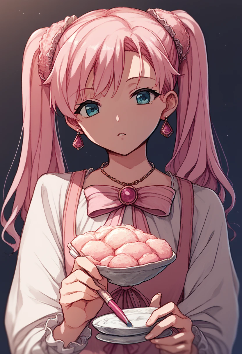 anime girl with pink hair and big earrings holding a pink object, an anime drawing inspired by Yuki Ogura, pixiv, tachisme, pink twintail hair and cyan eyes, my dress up darling anime, ecchi anime style, ddlc, anime princess, twintails, pretty anime girl, anime moe artstyle, :14 80s anime style