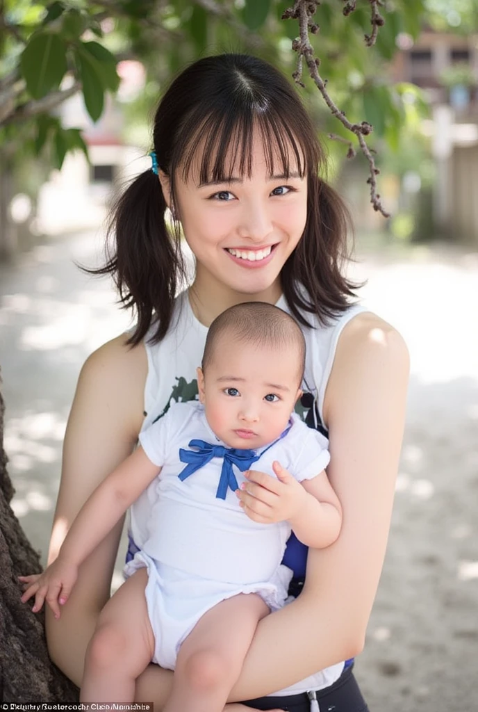  1 girl in uniform, solo,  high definition , masterpiece,  anatomically correct,  won numerous awards,  high detail,  Ultra High Definition,  textured skin,  retina,  twin tails,  smiles,  cowboy shot, ribbon, Babysitter,A woman holding a baby,apron

