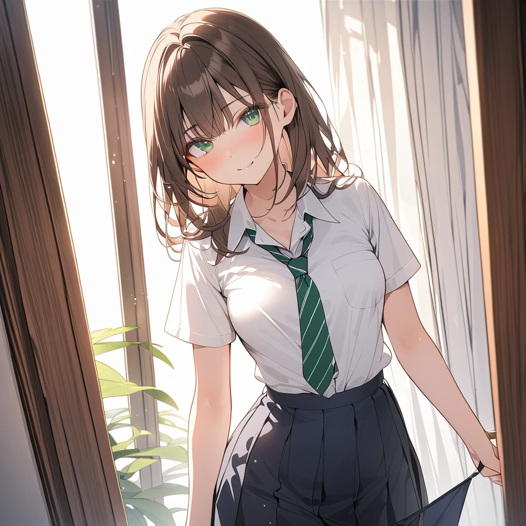 高いquality illustration, masterpiece,  very delicate and beautiful, Attractive  girl,big , slim waist,( school uniform),thin, slender body, slim,   beautiful eyes ,thin微笑み,,(masterpiece,  top quality:1.2), high res,  very detailed CG ユニティ 8k 壁紙,   perfect lighting  ,  colorful ,  super high resolution,4K, very detailed,   unvolume on , 8k, high resolution, ,  nsfw,  girl, ,   pull down panties ,  skirt,  brown hair , green eyes、Saggy Breasts 