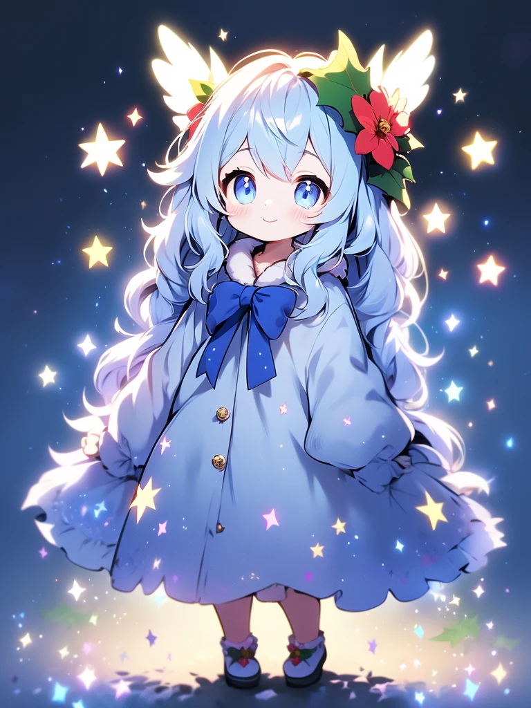   facial focus,   masterpiece ,  top quality,  I put on a Christmas costume， girl wearing a big flower on her head，を  looks up， shiny and colorful   ,  sparkling owl  ，  twinkle star  ，Shining Heart，   christmas background  ,   fireflies , Particles of light, Alone,   blue hair under eyes,   light blue eyes  ,   cute smile，  standing,  pixib,   written boundary depth,   Film Structures  , Best lighting,   looks up