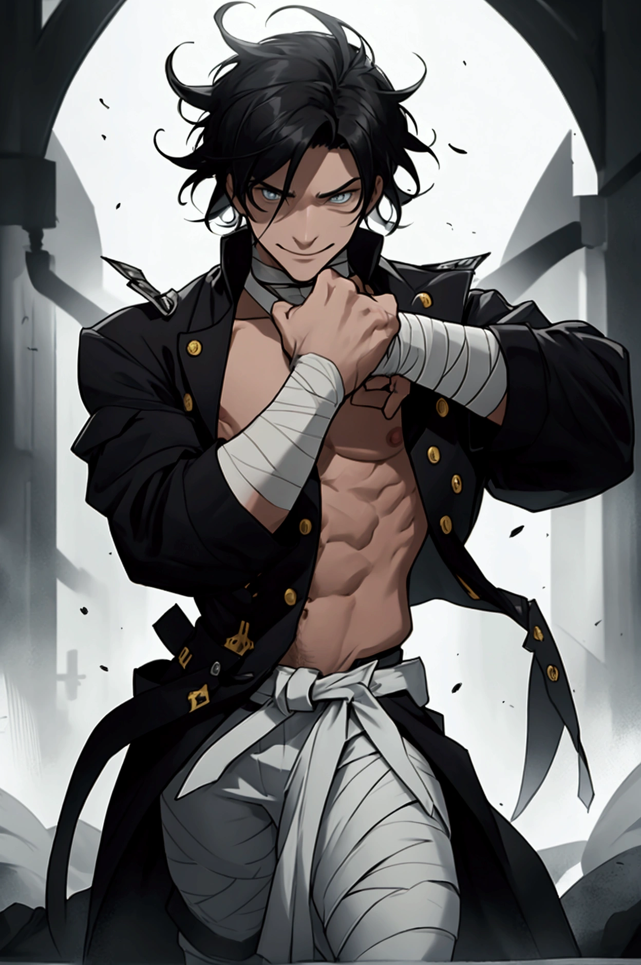Chrollo Lucilfer, forte, com bandana, Manhwa stroke style, Homem adulto, de grande estatura, muscular appearance,sobretudo medieval negro, Camiseta medieval preta