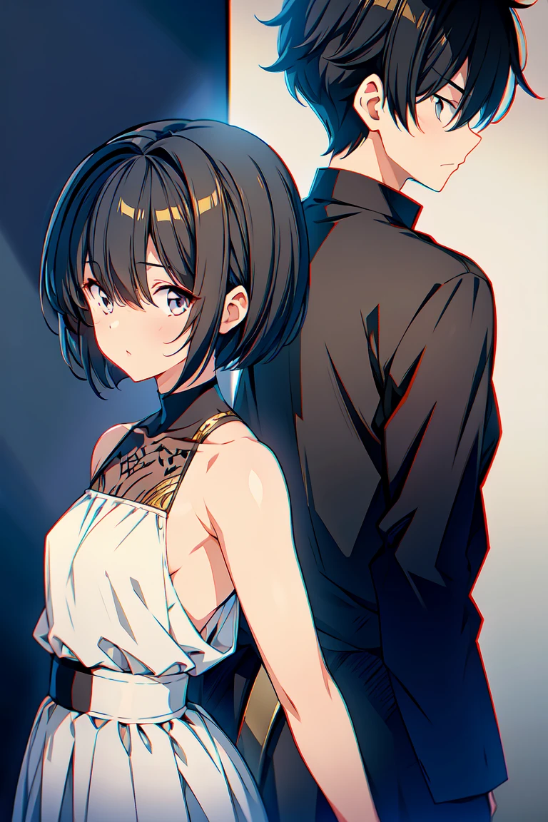 Boy with black hair and hair over eyes in black clothes and girl in white dress with gray hair short cut and golden eyes、 back to back 