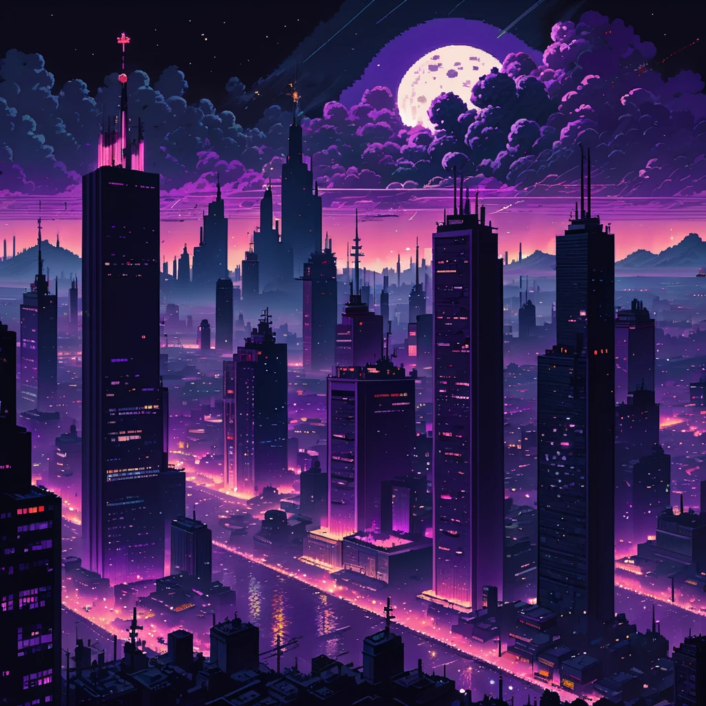 (Best quality,4K,8K,A high resolution,Masterpiece:1.2),Deep black purple,Color scheme:1.4),A huge cluster of cities with a Soviet aesthetic，,Nuclear explosions and nuclear bomb explosions,creating a surreal ambiance. A city bathed in moonlight, Cast an eerie glow on the smoke hovering in the air.pixelart