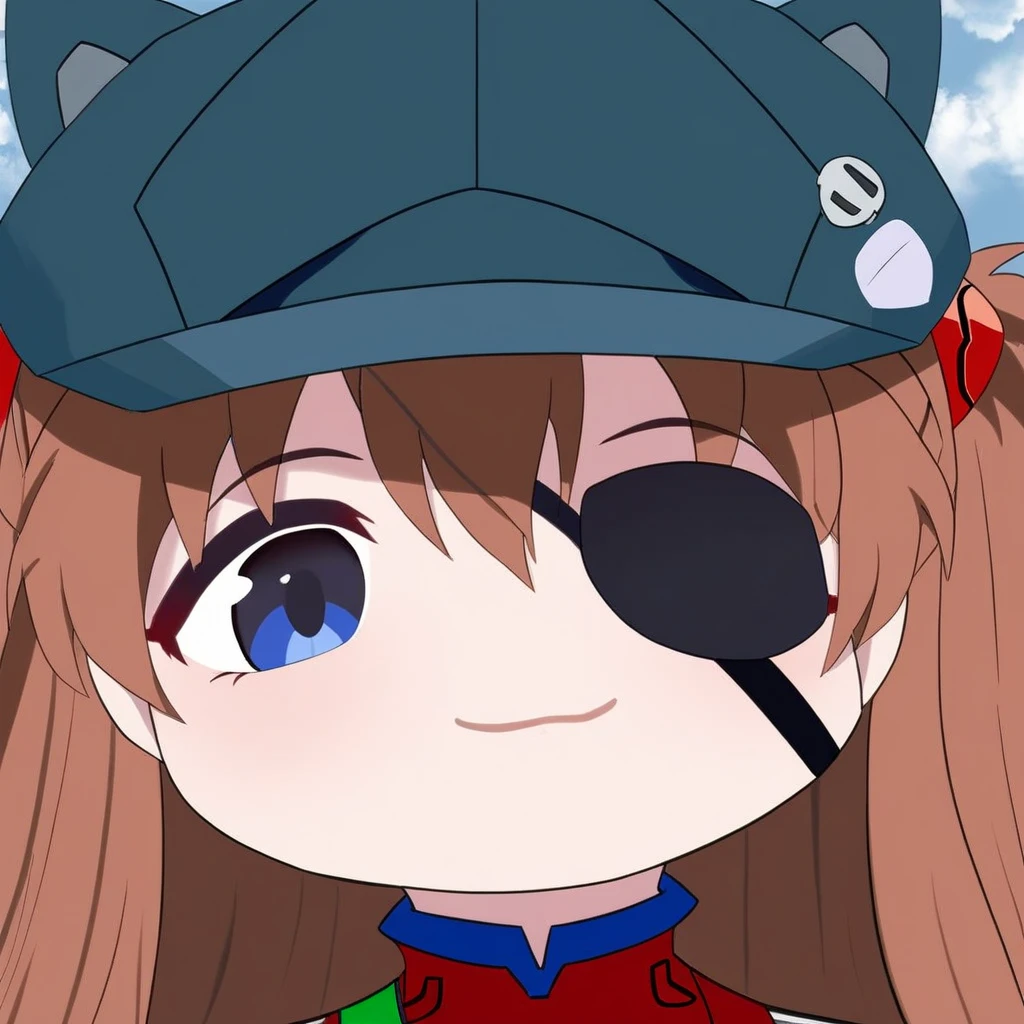  score_9,  source_Anime,  1 girl in uniform, Lonely,  _Chibi 、 Neon Genesis Evangelion 、 Shikinami Asuka Langley、 red plug suit 、 eye patch（Cat hat、black）