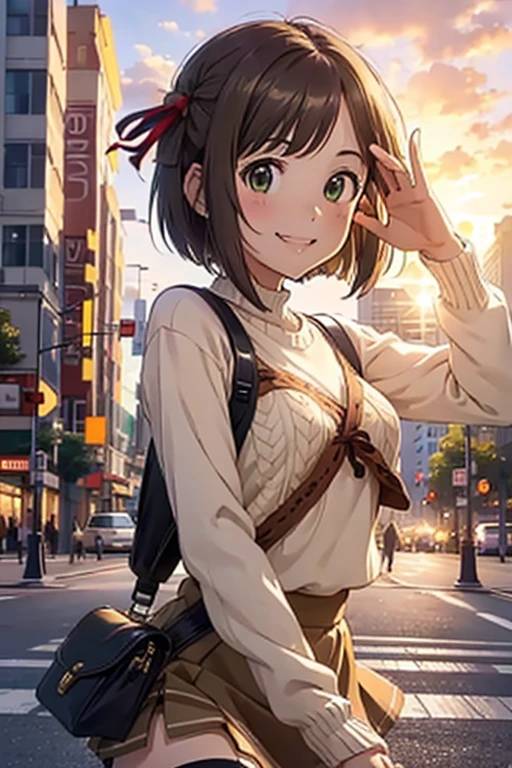 woman, cheerful grin, waving at the camera, looking at viewer, short hair, brown hair, green eyes, slim, beautiful breasts, sweater, mini skirt, hair ribbon, thighhighs, waist pouch, 20-year-old, in the city, with a rainbow, with a flower, in the evening, cute, cel anime, soft lines, upper body, from front, golden hour