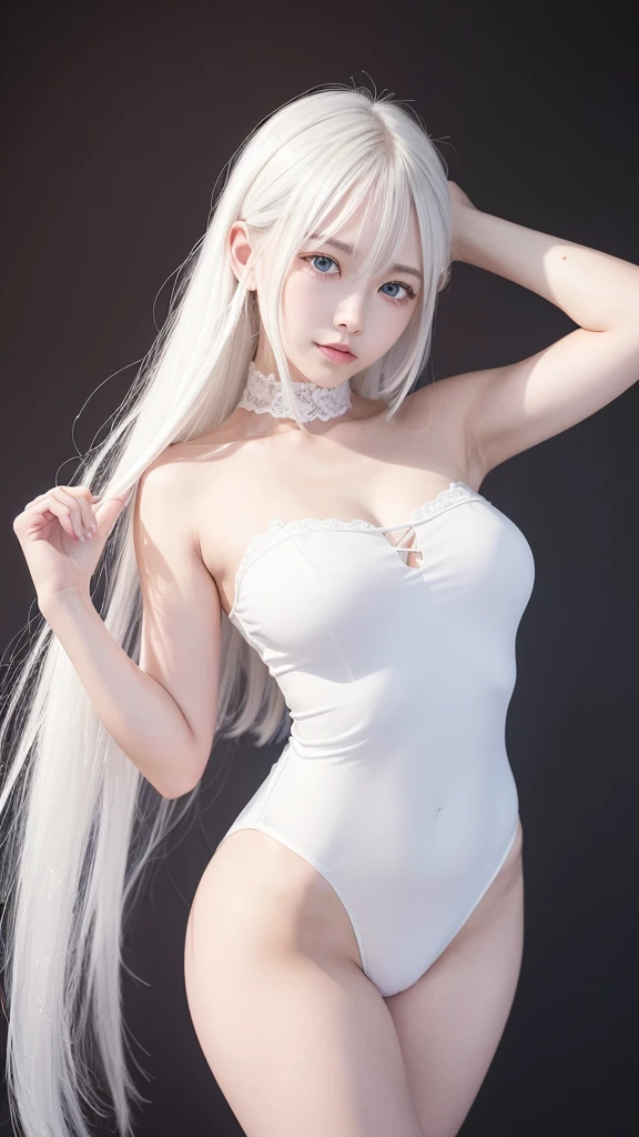 symetrical composition，White tones，white colors，Sexy girl nipples，Small body，small，White hair，White hair，fully body photo