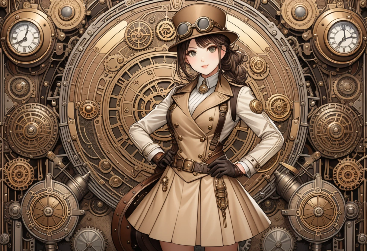 Industrial steampunk mechanic girl, perfectly detailed face, (hat:0.8), goggles, steampunk beige leather double breasted jacket, beige tweed fabric pleated skirt, (leather laced boots:0.8), intricately detailed brass accessories. Masterpiece, illustrated, highly detailed, industrial background, retro-futuristic, modern art nouveau background