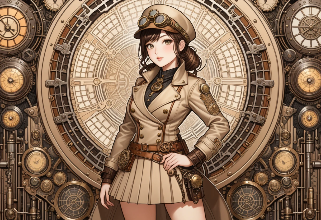 Industrial steampunk mechanic girl, perfectly detailed face, (hat:0.8), goggles, steampunk beige leather double breasted jacket, beige tweed fabric pleated skirt, (leather laced boots:0.8), intricately detailed brass accessories. Masterpiece, illustrated, highly detailed, industrial background, retro-futuristic, modern art nouveau background