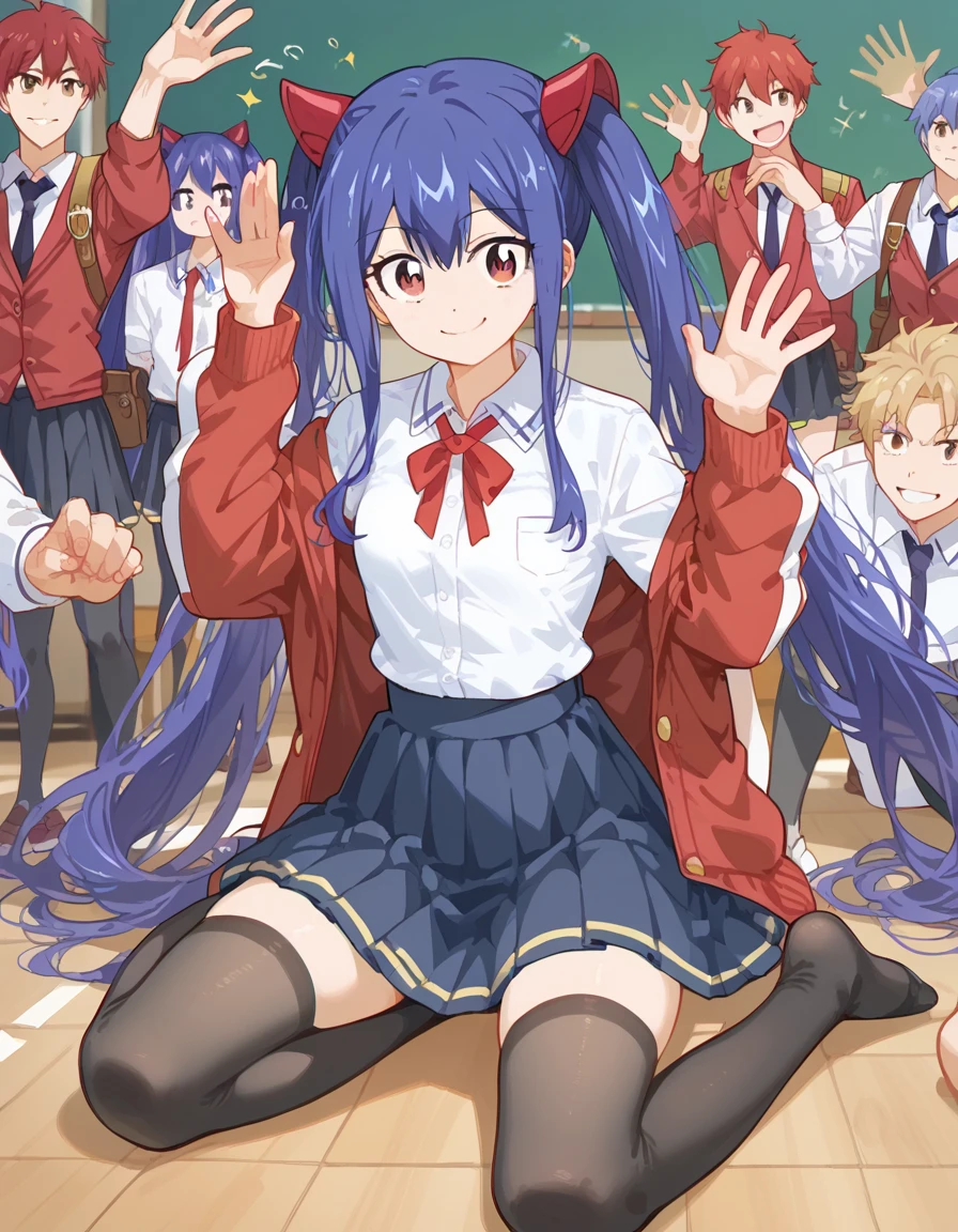 masterpiece, (highest quality, perfect anatomy), full body, ((from front, intense wide shot)), (in the classroom), BREAK

1girl, many boys, has a student bag, surrounded by many classmates, waving, at loocking viewer, smile, BREAK

wendy marvell, long hair, hair ornament, ribbon, hair between eyes, twintails, brown eyes, very long hair, blue hair, small breasts, 
red jackt, shirt, thighhighs, ribbon tie, pleated skirt, black thighhighs, black skirt, zettai ryouiki,