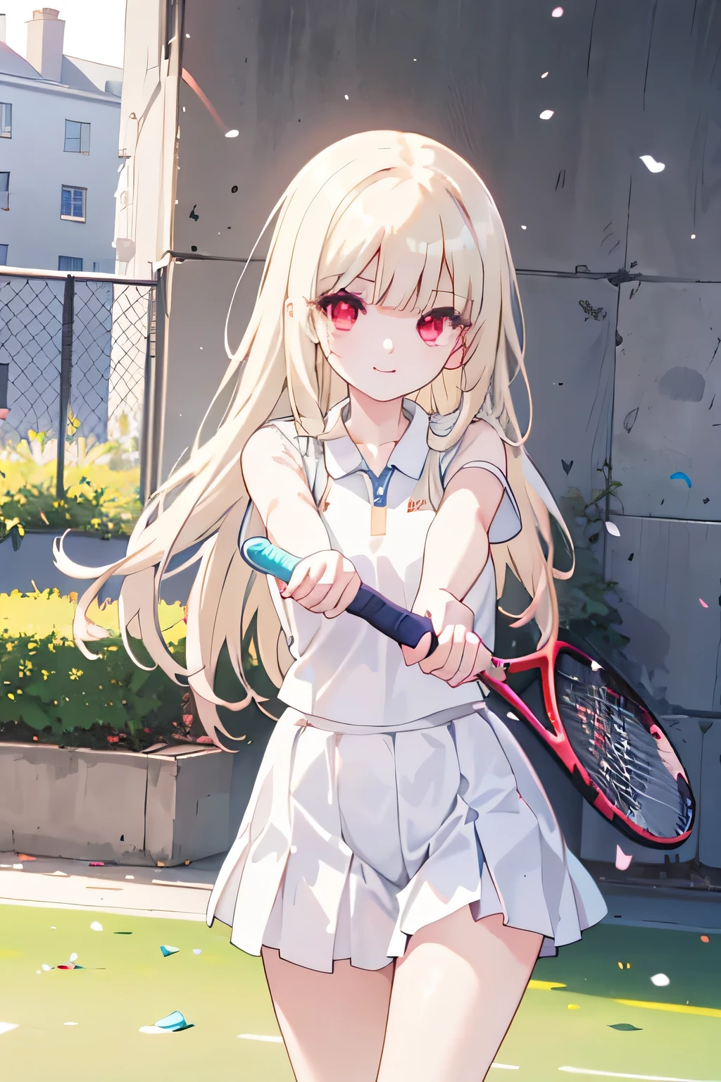 She is wearing a white tennis outfit, with her white undergarments visible. She holds a single tennis racket with both hands in a poised and focused manner. The lush green grass tennis court stretches out in the background. This scene radiates elegance, power, and athletic skill. long hair, blonde hair , (red eyes:1.3), ( split bangs :1.5), smile, (masterpiece:1.2), top quality, high definition , unity 8k 壁紙, (Illustration:0.8), ( beautiful detailed eyes in :1.6), extremely detailed face, perfect lighting , Highly Detailed CG, ( perfect hand, perfect anatomy).