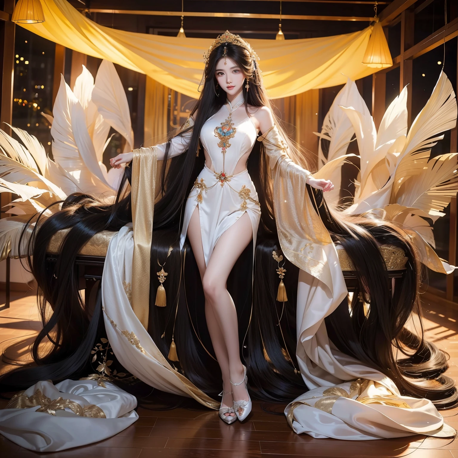 （Top image quality,top-quality,Top resolution,hyper realistic photography,Full body photo,​masterpiece,）1 girl、Very long black hair、very large amount of hair、hair length about 3 meters、Wearing underwear made of hair、Head-to-toe photo、Super Super Long Hair、hair length about 3 meters,,,,,、Straight black hair、Black hair longer than height、Black hair that has not been cut for more than 20 years、Slender body、White underwear or naked、Place on bed、Winner of the World Long Hair Contest、Full body real photo、Head-to-toe photo、Photo taken from about 4 meters away、Super Real、Two hands、2 legs、5 fingers、))She has super long hair that covers her entire body、The longest black hair in the world、Lying face down on the bed with long hair spread、Long hair spread out on the bed overflows from the bed、Hair is heavy and tired、Hair longer than Rapunzel、Hair shampooed with the scent of roses、very large amount of hair、Lying face down on the bed、The bed is hidden by a large amount of hair、She hides her whole body with very long black hair、posterior view、Photo of the back from the legs、Black hair hides the whole body、Photographed a large amount of black hair on the back、Sleeping face down、Very rich hair volume、You can't see your body with your hair、photo taken from the back、