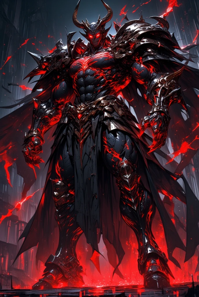 A cool anime-style demon character with a clear muscular shape, a completely black skin with a red glow pattern on the body, red eyes bright like a flame, with two curved pointed horns like a demon crown, wearing some armor designed to be aggressive, adorned with spikes. and antique patterns. Both hands have sharp claws and emit a dull red aura.

The character stands in an elegant posture, looking straight with powerful eyes. The background is a dark scene with black fog and red afterglow from the ground below, highlighting black and red tones to enhance the character's darkness and aggressiveness. Sharp image quality is ideal for work that requires grandeur and impact.