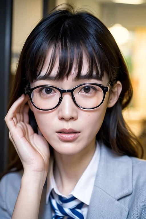 Many wrinkles, (High school uniform)、full body:1.4,open mouth,,Best quality,masterpiece,ultra high res,photorealistic,side lighting,1girl,morning park,very sexy pose, ((Glasses:1.3))、 (((25years old:1.3)))、full body,very too much small eyes、orgasm face:1.2、Watch viewers、Very slender :1.6、Eyes are close:1.2、
No tear bags:1.5、(((Pale skin)))、
bangs, Very slender 、((Glasses:1.3))、Very thin face、Thin Nose、Very high nose、Very very narrow eyes、Thin lips、Long curly hair:1.6、 thin bangs :1.3、No cheekbones,very narrow eyes、The corners of the eyes are raised,too much small face、