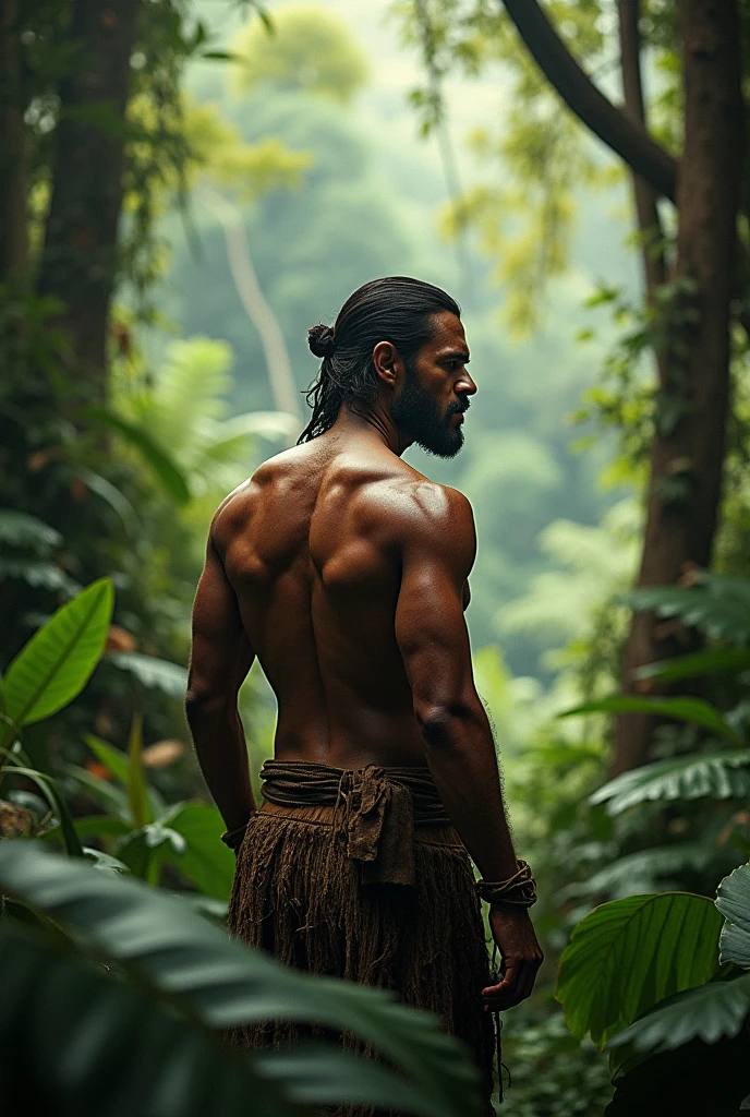 Create me a slow motion video that show a mascular man holding a bush knife, has a long black strong one bundle hair ,walking in the middle of the tropical rain forest of PNG , has a skin colour of PNG in Eastern Highlands province, he was smoldering, has a brown eye ,
Wearing long stretch brown Jean