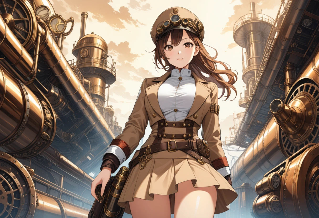 Industrial steampunk mechanic girl, perfectly detailed face, (hat:0.8), goggles, steampunk beige leather double breasted jacket, beige tweed fabric pleated skirt, (leather laced boots:0.8), intricately detailed brass accessories. Masterpiece, illustrated, highly detailed, industrial background, retro-futuristic, modern art nouveau background