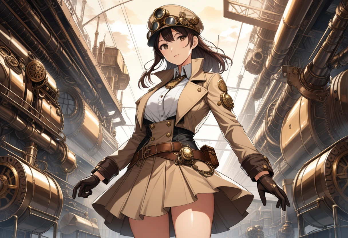 Industrial steampunk mechanic girl, perfectly detailed face, (hat:0.8), goggles, steampunk beige leather double breasted jacket, beige tweed fabric pleated skirt, (leather laced boots:0.8), intricately detailed brass accessories. Masterpiece, illustrated, highly detailed, industrial background, retro-futuristic, modern art nouveau background