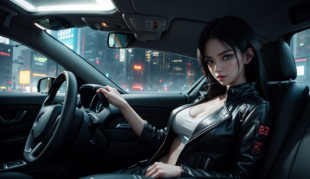 Sexy cyberpunk girl inside a car raining outside in a dystopian cyberpunk-style city 