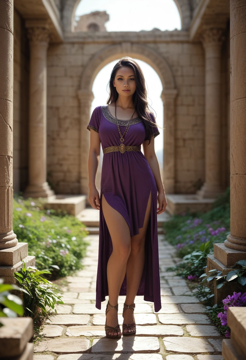 olvmnnpsy woman, long hair, full body, purple tunic, in Greek ruins, masterpiece, dramatic lighting, detailed background, (depth of field), Olivia Munn