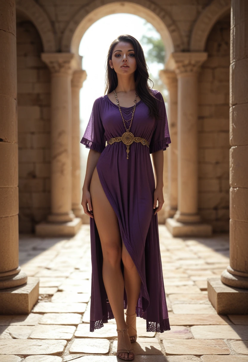 olvmnnpsy woman, long hair, full body, purple tunic, in Greek ruins, masterpiece, dramatic lighting, detailed background, (depth of field), Olivia Munn