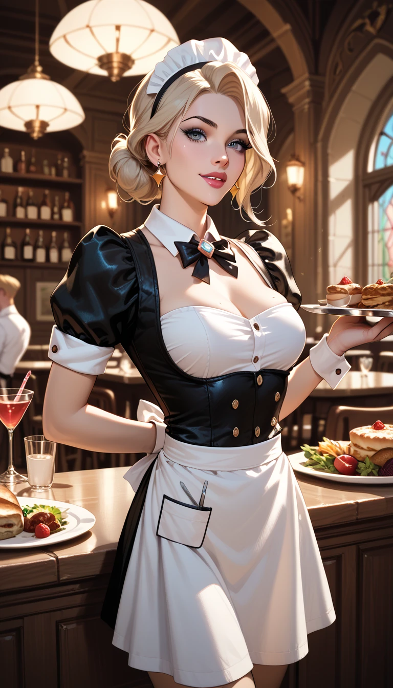 masterpiece, ultra realistic, blonde, maid dress, mini skirt, medium hair, otokonoko, four legs, donkey, cleavage, waist, naval, belly, loose appron