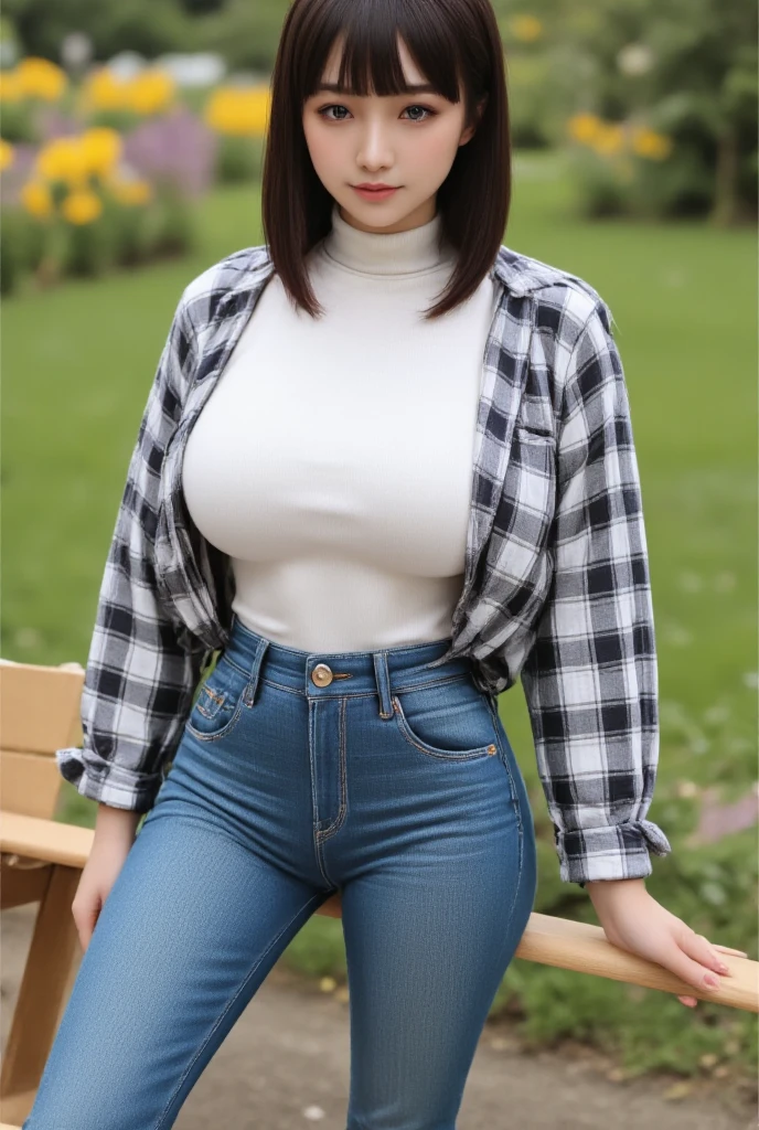 A beautiful indonesian woman, hijab, wearing unbuttones plaid shirt (white tight turtle neck t-shirt) and high waist tight jeans. canvas shoes, sitting on the wooden bench at the meadow with colorful mini flowers under the big tree. look at the viewer,