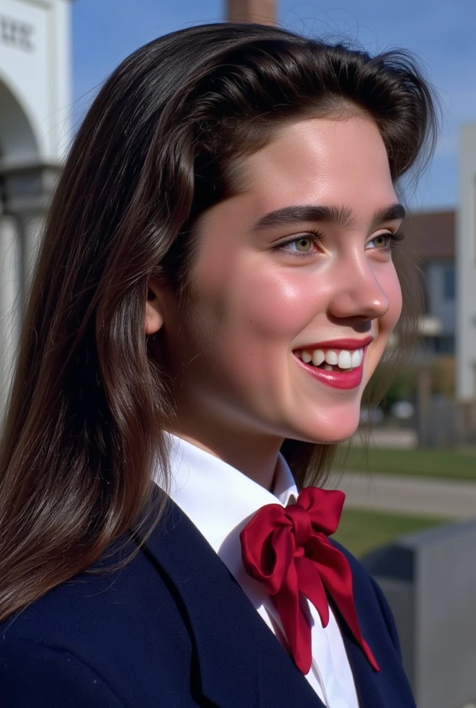 (very realistic photography),(masterpiece, best quality:1.3), 1girl, (alone), from just her side, her beautiful profile,
((young Jennifer Connelly)),(at ),
from the top of her head to her waist,
she wear in tidy dark blue high school blazer uniform and immaculate shirt with blilliant red bow tie.,
with cute face with plump cheeks,
wet eyes, 
scooped nose arched high with a turned-up tip,
no make up,
flawless healthy youthful fresh succulent fine smooth oily white skin,
with precocious female body with precociously large blreasts and broad wide shoulders, 
Jennifer Connelly's unique and beautiful face is recreated.,
a bit wet shiny long dark hair fluttering,
showing off forehead,
her bangs are raised,
smiling lovingly to someone,
She is in sunny outdoor under with bright natural light illuminating on her face,