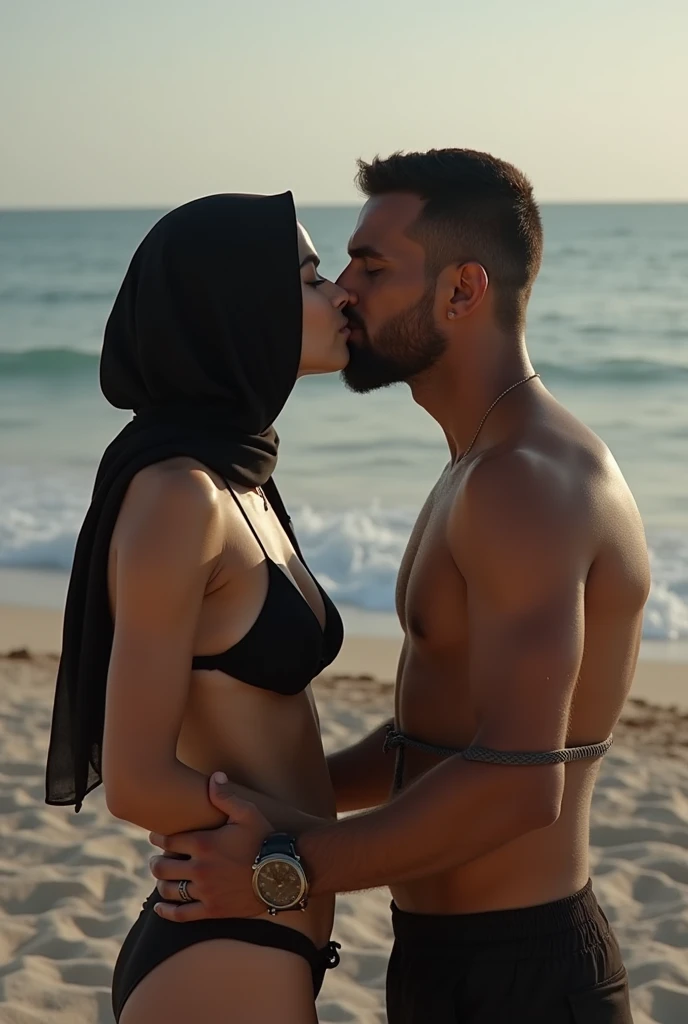 create a hijabi muslim women in bikini kissing a hindu man