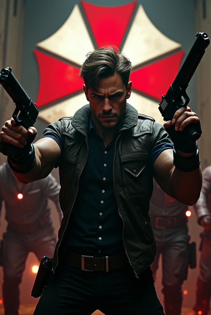 (masterwork) Very high quality, Full body shot, Super detailed shooting, Resident Evil setting, Male clergy, Medics and injured male police officers took refuge in Zombie by a Ferris wheel at a destroyed amusement park, 32K resolution, Best quality, Dynamic pose, actionpose, Surreal and charming.