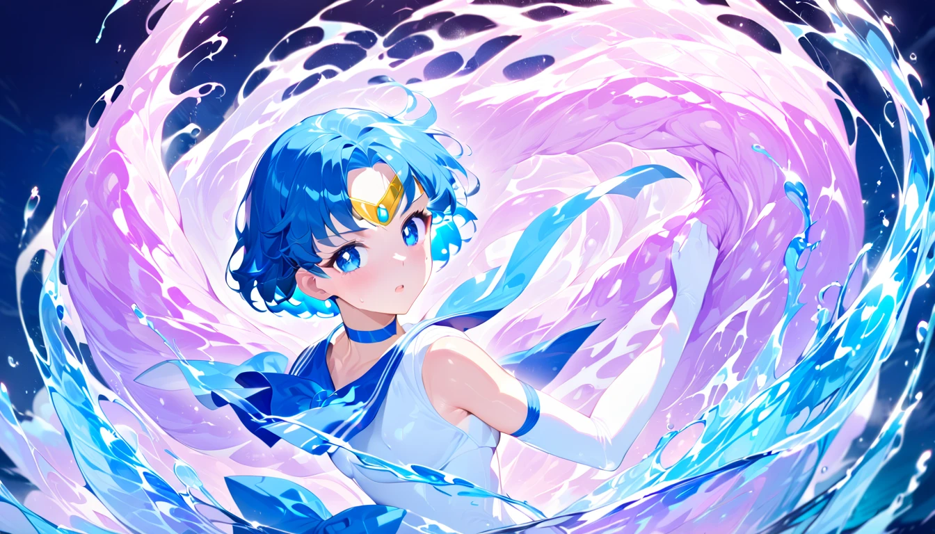 girl masterpiece, best quality, high resolution, best detailed, blue hair, shiny hair, short hair, sailor senshi uniform, blue sailor collar, blue skirt, pleated skirt, mini skirt, elbow gloves, white gloves, white leotard, choker, blue choker, blue long boots, light blue chest ribbon, blue brooch, tiara, fighting stance, night sky, full moon, many tentacles, water element,