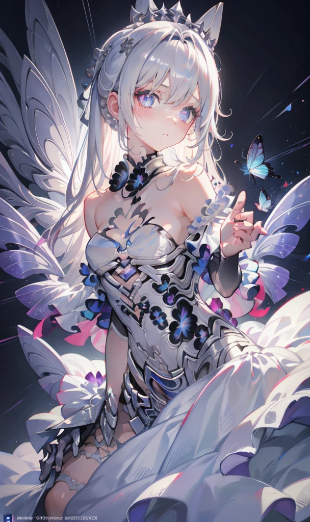 silber hair,butterflys,long whitr hair,white wedding gown,8k wallpaper,detailedbackground,Highest high resolution,deep v big breasts,Hair covers one eye,Bandeau wedding dress,chies,White rose,tight-fitting,chies,In the daytime,