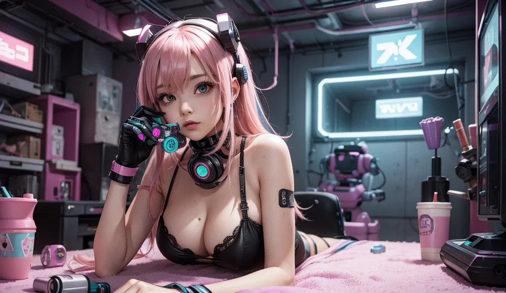 egirl as harlequin nude, long pink and blue hair with a choker in the background, synth wave color palette, trend in artstation, trend on CGSociety, Intricate, High detail, sharp focus, dramatic, full body shot dressed in lace lying in armchair on a ship on the moon watching a video on a screen, trend on tiktok