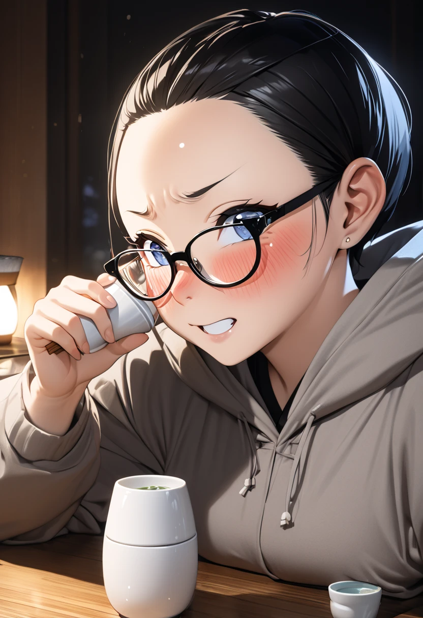 RAWphoto,photorealistic,8k16k,best quality,perfect anatomy,perfect detailed,ultra highres, extremely detailed eyes and face,gleaming skin,shiny skin,1girl,Japanese,black short hair,pixie cut, (wearing glasses:1.3),(parted bangs,forehead:1.2),round face,medium breasts,chubby,thick thigh,wearing large hoodie,oversize,little laughing,nose-blush,full-face blush,drunken eyes,drunk,drinking Japanese sake,(holding one little ceramic sake cup:1.1),sashimi on the dishes and Japanese sake jug on the low dining table at home,cinematic lighting,dynamic lighting,depth of field,at night