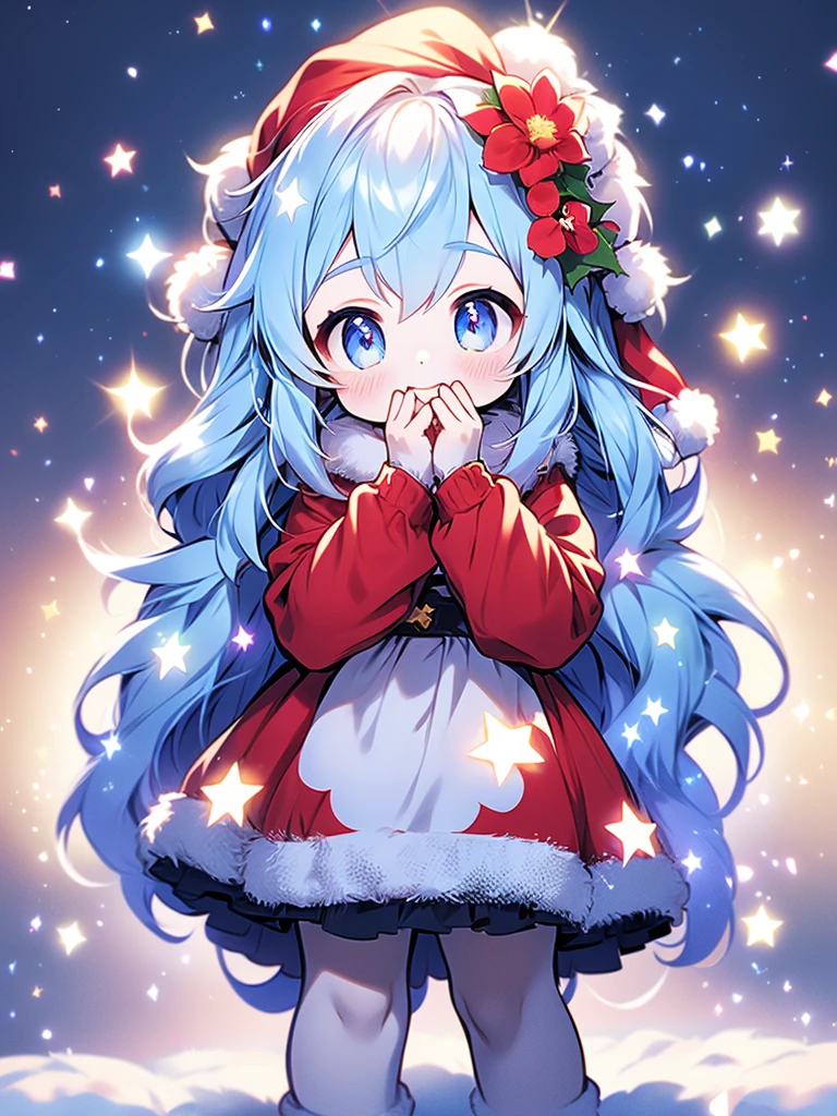  christmas illustration，  Christmas Winter Scenery  ，  facial focus,   masterpiece ,  top quality,   Santa Claus costume ， girl wearing a big flower on her head，を  looks up， shiny and colorful   ,  sparkling owl  ，  twinkle star  ，Shining Heart，  fireflies , Particles of light, Alone,   blue hair under eyes,   light blue eyes  ,   cute smile，  standing,  pixib,   written boundary depth,   Film Structures  , Best lighting,   looks up