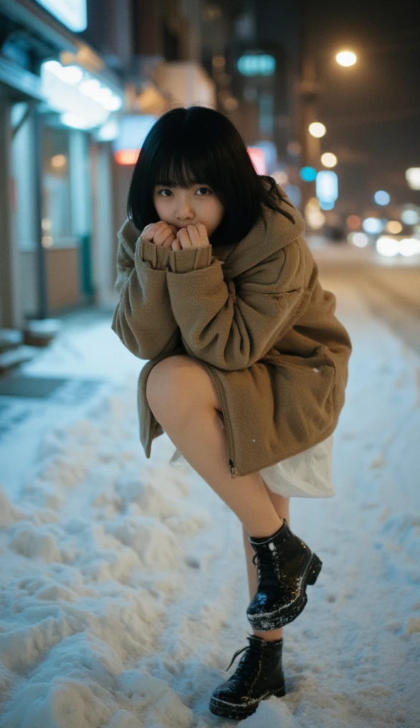 A 15-year-old girl with short black hair and bangs. She is sad and does not smile, looking at the camera, her eyes are gloomy. She stands upright. She is in the snow at night, leaning forward and tilting to the right, raising her left leg, staring directly at the viewer, and has a pleasant posture. She is wearing a brown winter coat, both hands covering her cheeks, snowing. She is wearing black shoes, a white skirt. She is in the snow at night, her whole body can be seen. Heavy snowfall in Japan, her posture is naturally relaxed and confident. The background is not blurred. Night lights on a snowy street, soft night lights shine on her face and hair from the upper right corner, adding a natural sparkle. The colors are natural and soft, but the focus is clearly on the subject. The composition is at eye level, with a shallow depth of field, and the background is gradually blurred. The style of the picture is a casual portrait with a relaxed and friendly atmosphere. The overall picture is a bright winter night, reflecting a casual femininity and casual elegance.