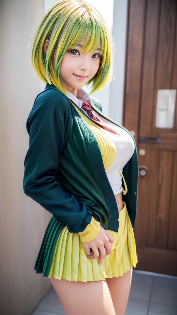 1 girl, green hair, short hair, maid uniform, neckline, blush, smile, living room, lifts her skirt with her hands, panties visible