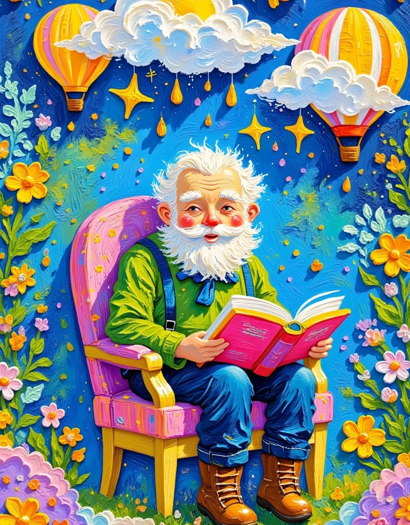 Texture painting，painting，An old man in the garden is sitting on a chair and reading a book. Rainy clouds