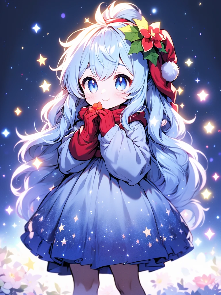  christmas illustration，  Christmas Winter Scenery  ，  facial focus,   masterpiece ,  top quality,   Santa Claus costume ， girl wearing a big flower on her head，を  looks up， shiny and colorful   ,  sparkling owl  ，  twinkle star  ，Shining Heart，  fireflies , Particles of light, Alone,   blue hair under eyes,   light blue eyes  ,   cute smile，  standing,  pixib,   written boundary depth,   Film Structures  , Best lighting,   looks up