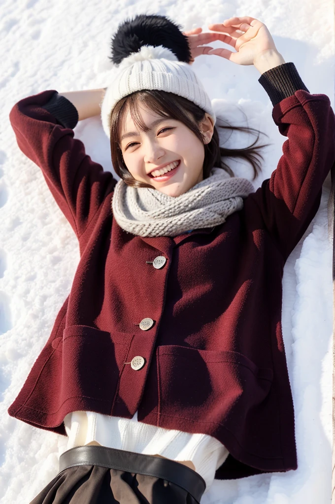 (masterpiece, best quality, perfect anatomy, highres, 8k, realistic, photorealistic, natural skin texture, no makeup:1.2), 1girl, solo, Japanese, female university student, age20, very cute, winter, (very cold day),
 (There is snow on the ground, she is lying on her back on the snow and laughing:1.5), (large breasts:1.2), (perfect figure), earth-colored winter clothes, mini skirt, knit  hat, scarf, black pantyhose, glove, from above, snap shot, fullbody shot, sun lighting, jp idol, erogao, tanukigao