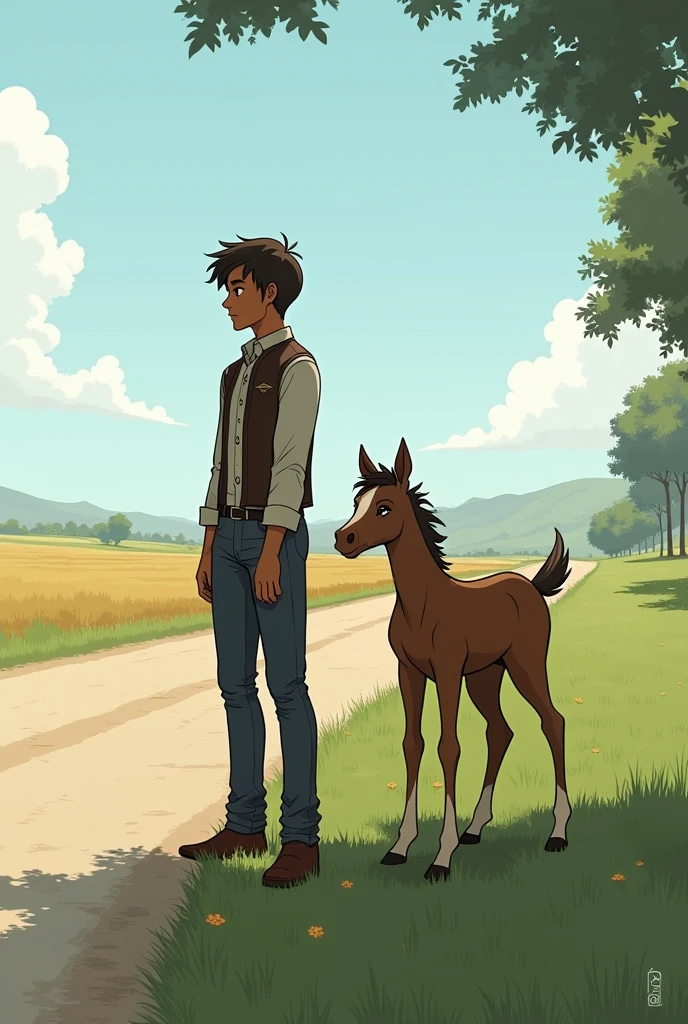  boy who lives on the ranch with a shirt and long hair thinking


