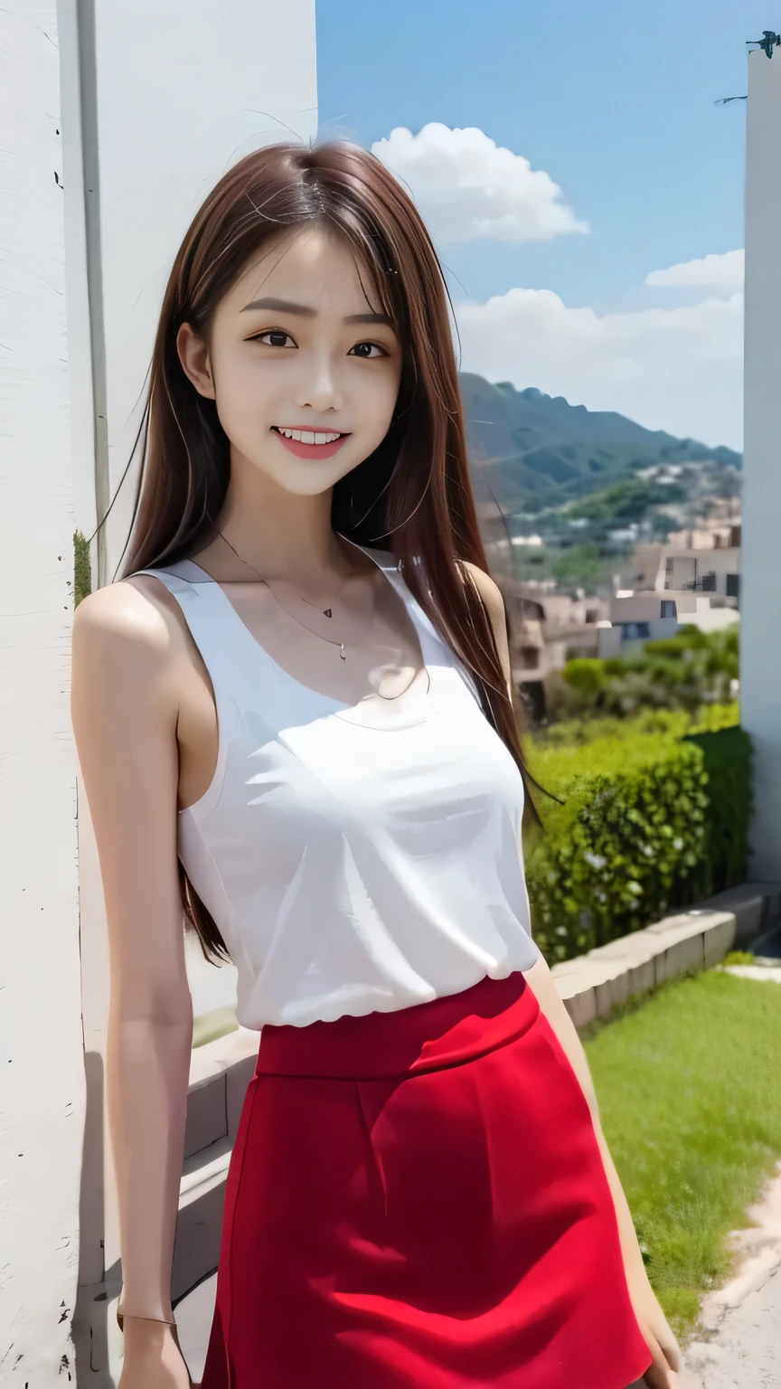 realistic photos of (1 cute Korean star) hair behind ears, white skin, thin makeup, 32 inch breasts size, slightly smile, wearing red pattern tank top, shorts jeans, sitting under the tree, river is near, upper body portrait, UHD