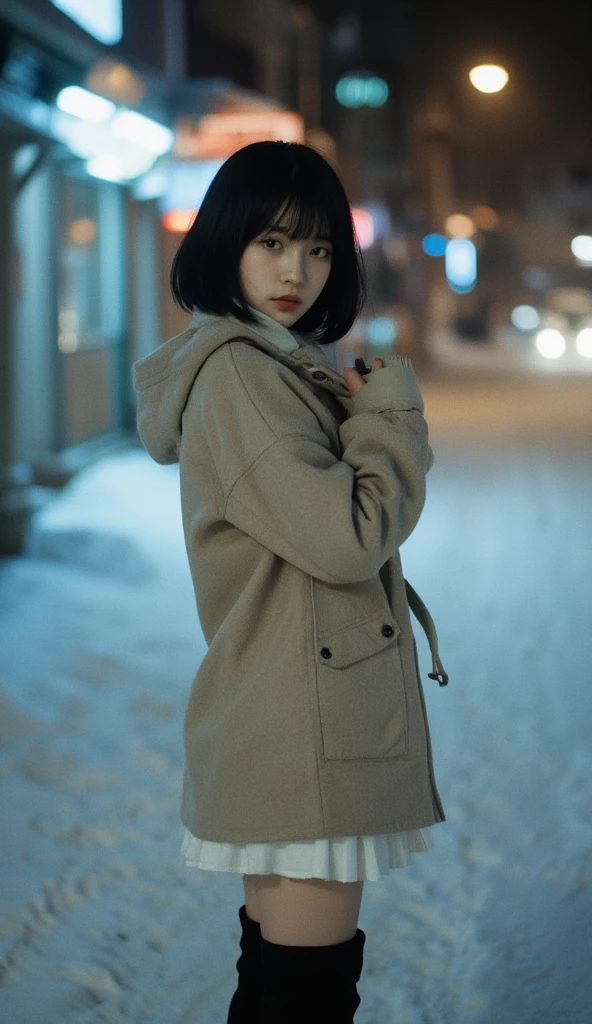 A 15-year-old girl with short black hair and bangs. She is sad and does not smile, looking at the camera, her eyes are gloomy. She stands upright. She is in the snow at night. She turns sideways and looks at the camera, staring directly at the viewer, and has a pleasant posture. She is wearing a winter coat and has her hands in her coat. It is snowing. She is wearing black boots, a white skirt. She is in the snow at night, her whole body can be seen. In Hokkaido, her posture is naturally relaxed and confident. The background is blurred. Night lights on a snowy street. The soft night lights shine on her face and hair from the upper right corner, adding a natural glow. The colors are natural and soft, but the focus is clearly on the subject. The composition is at eye level, with a shallow depth of field, and the background is gradually blurred. The style of the picture is a casual portrait with a relaxed and friendly atmosphere. The overall picture is a bright winter night, conveying a sense of easygoing femininity and casual elegance.