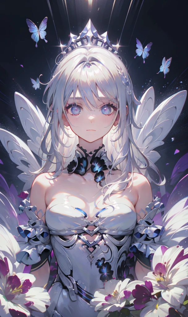 silber hair,butterflys,Long gray hair,8k wallpaper,detailedbackground,Highest high resolution,Deep V large breasts,hair covering one eye,Bando,Church background,purple roses,Tight,themoon,